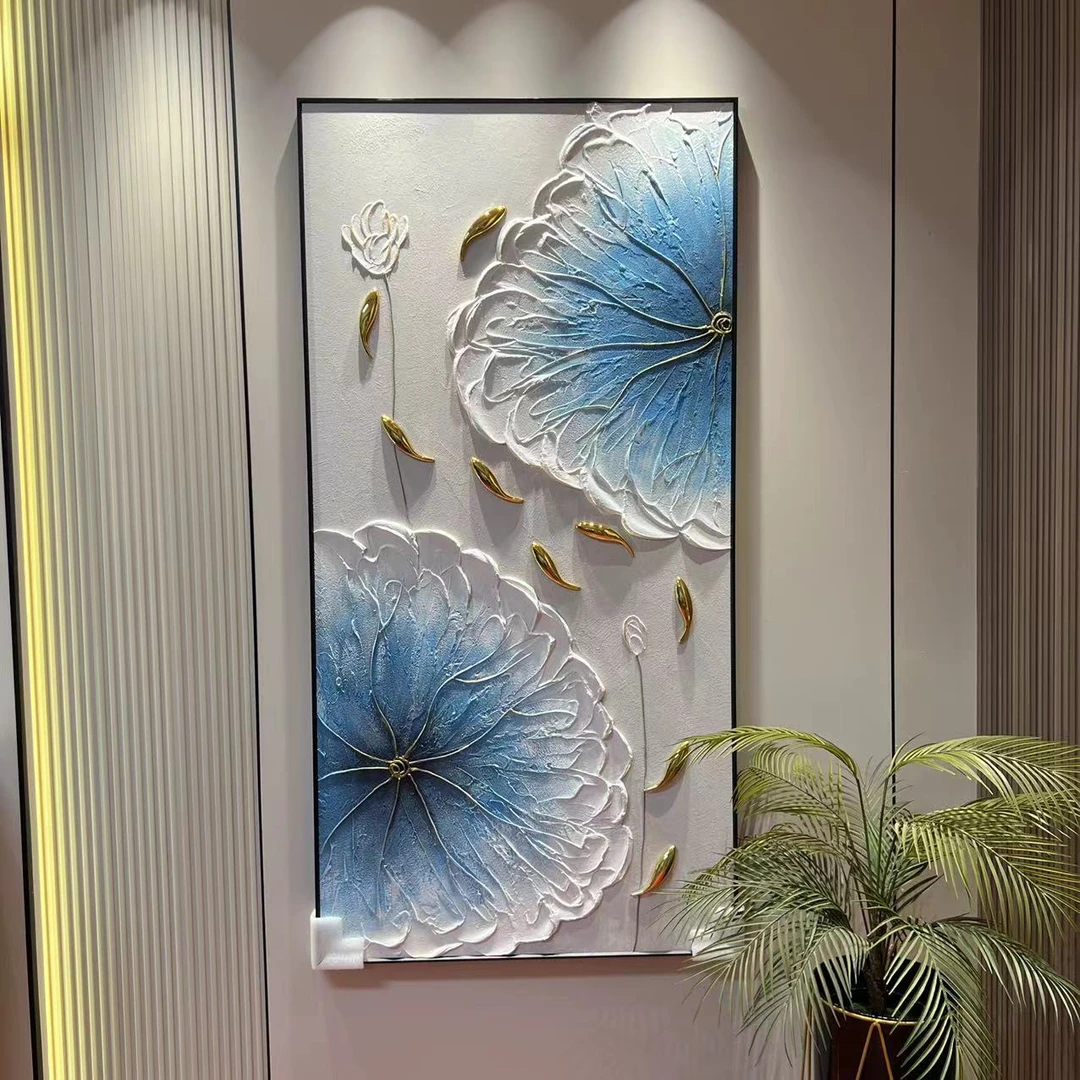 【荷花鱼】手工油画玄关手绘现代简约装饰画