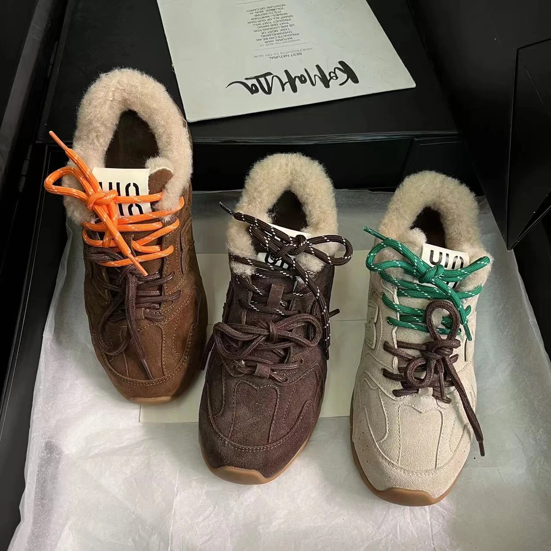 【牛奶咖啡】加绒德训鞋女2024冬季新款双鞋带阿甘鞋休闲鞋2326