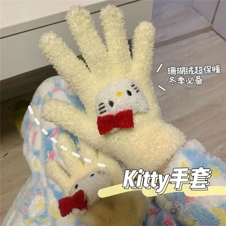手套女冬季小红薯同款kitty保暖珊瑚绒加厚毛绒五指学生骑行手套