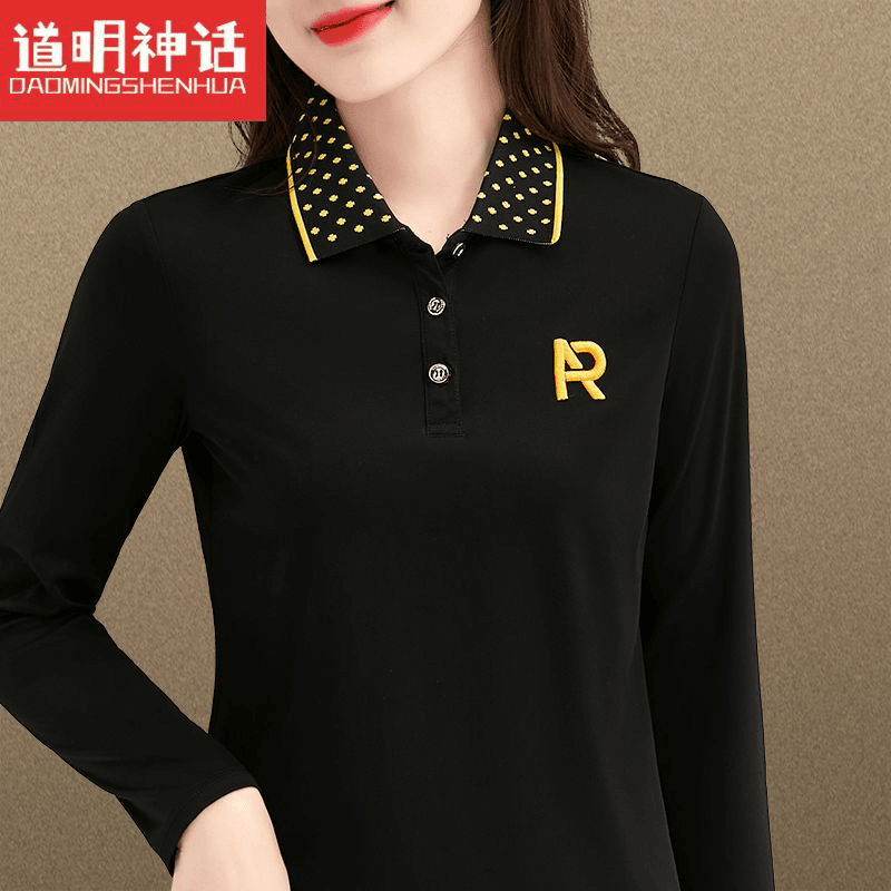 妈妈polo衫女春长袖t恤女翻领2024年洋气减龄棉质运动休闲单上衣