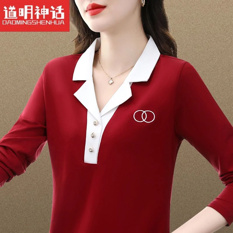 新款妈妈装长袖t恤女2025年春打底衫显瘦修身中老年洋气polo上衣