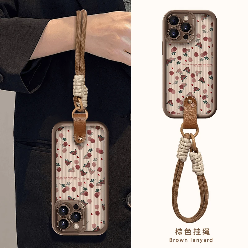 玫瑰碎花挂绳适用苹果15华为p70vivo防摔oppo小米14手机壳软套