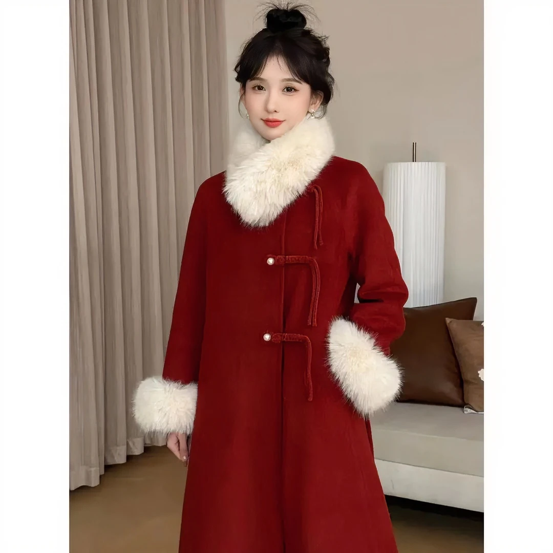 【小红娘】新中式红色国风新年春节订婚敬酒伴娘服古风毛呢大衣外套