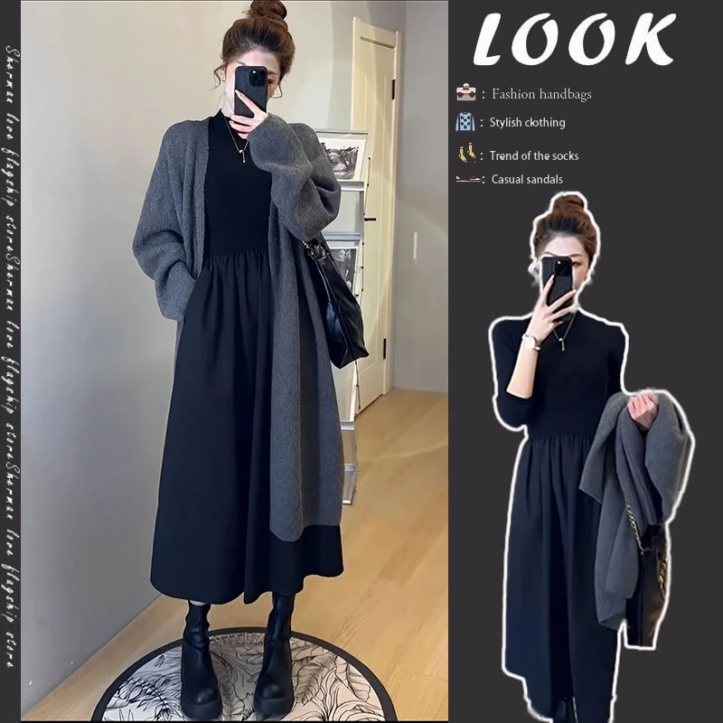 入秋一整套女装2024新款韩版减龄长款针织开衫黑色连衣裙两件套装