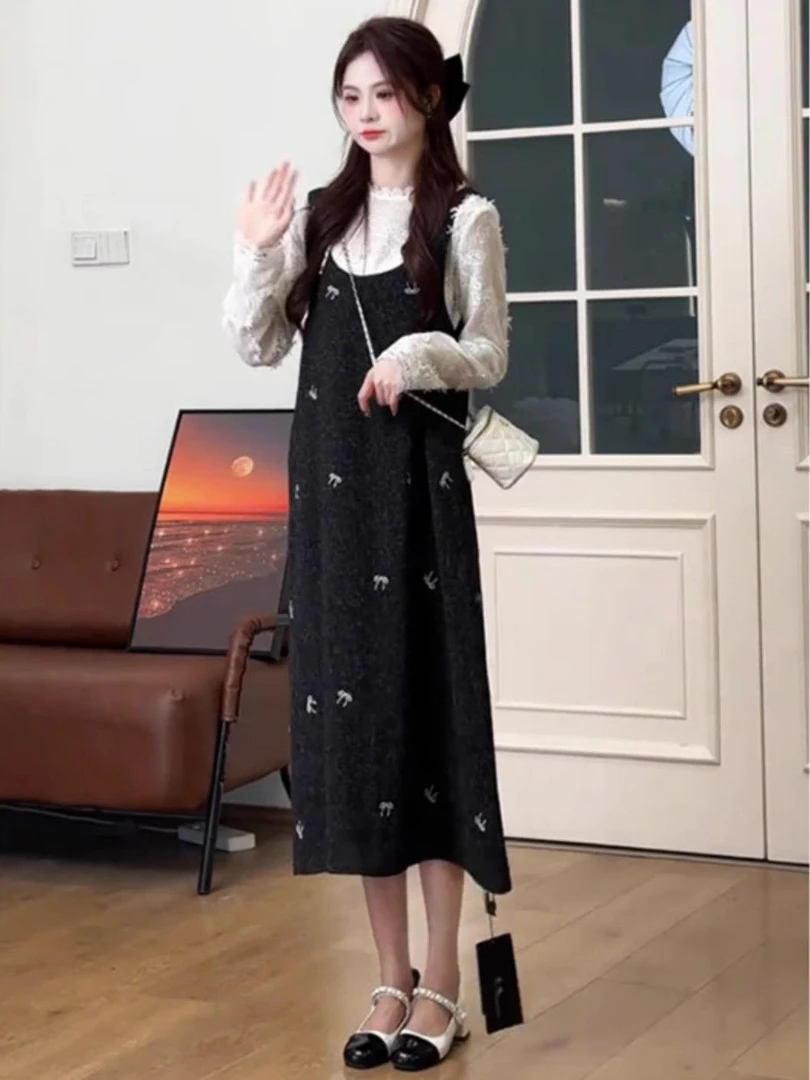 法式温柔休闲气质套装女打底衫上衣背带连衣裙两件套冬季新款女装