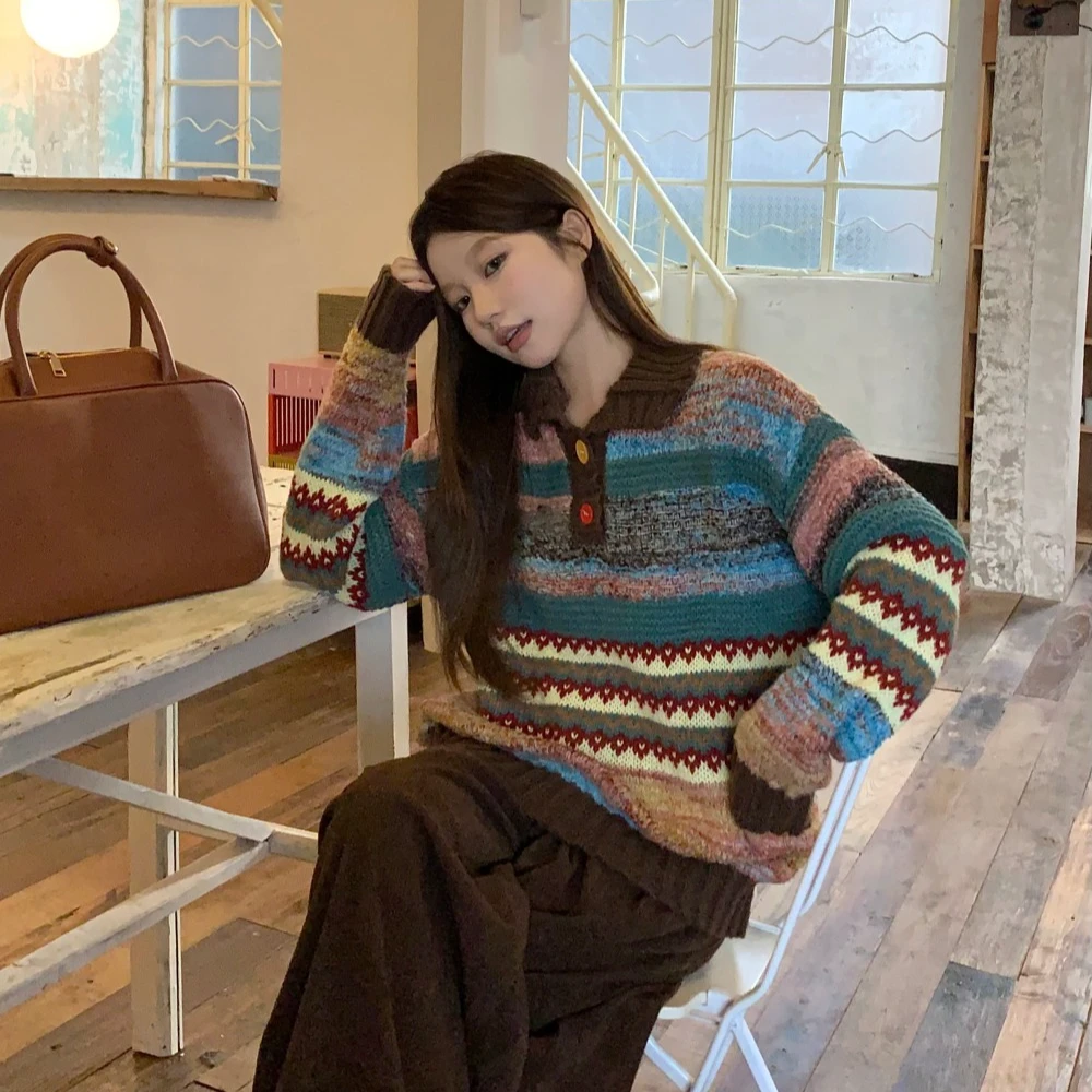 复古彩色条纹翻领毛衣宽松长袖百搭超好看新款冬季显瘦针织上衣