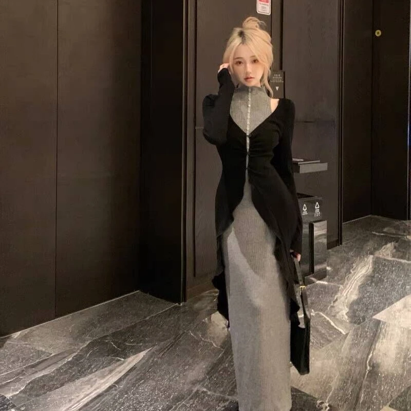 法式优雅修身高领无袖连衣裙外搭高级感黑色长款外套冬季两件套女