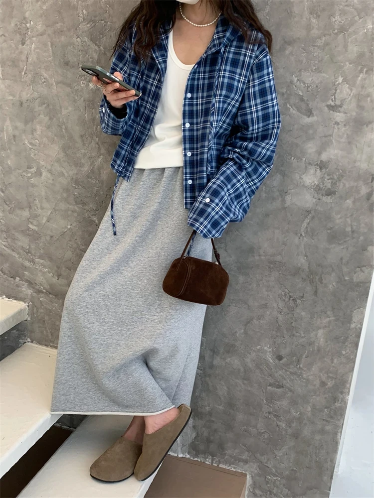 中性街头风套装格纹连帽上衣2024秋冬新款简约高级感帽衫半身裙女