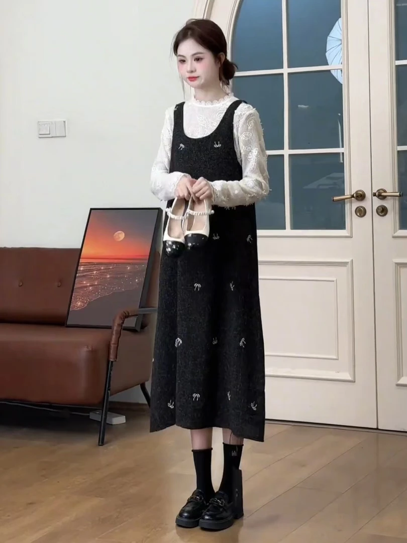 法式温柔风可盐可甜套装裙入秋穿搭针织打底衫上衣背带连衣裙套装