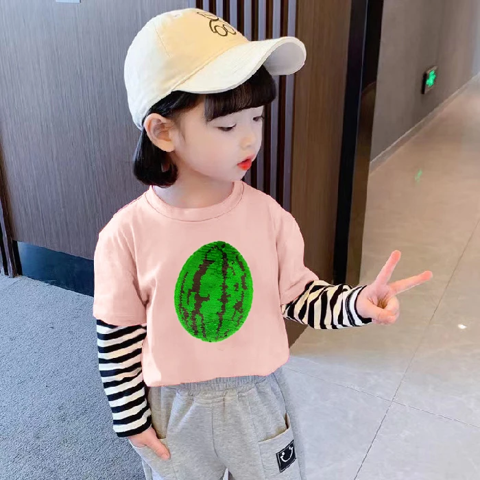 春秋装儿童变色t恤长袖假两件圆领中小女童亮片上衣百搭