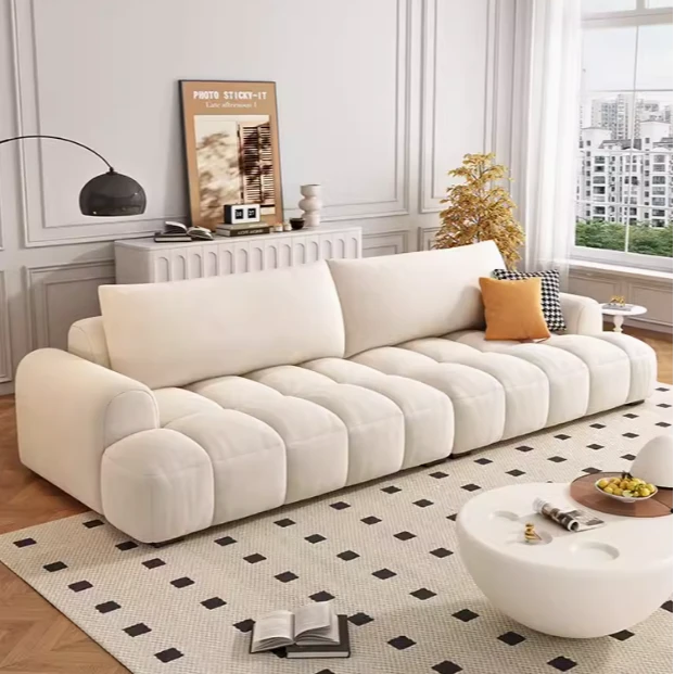 蔡班长创意法式泡芙白色奶油风移动客厅布艺沙发家用简奢直排沙发