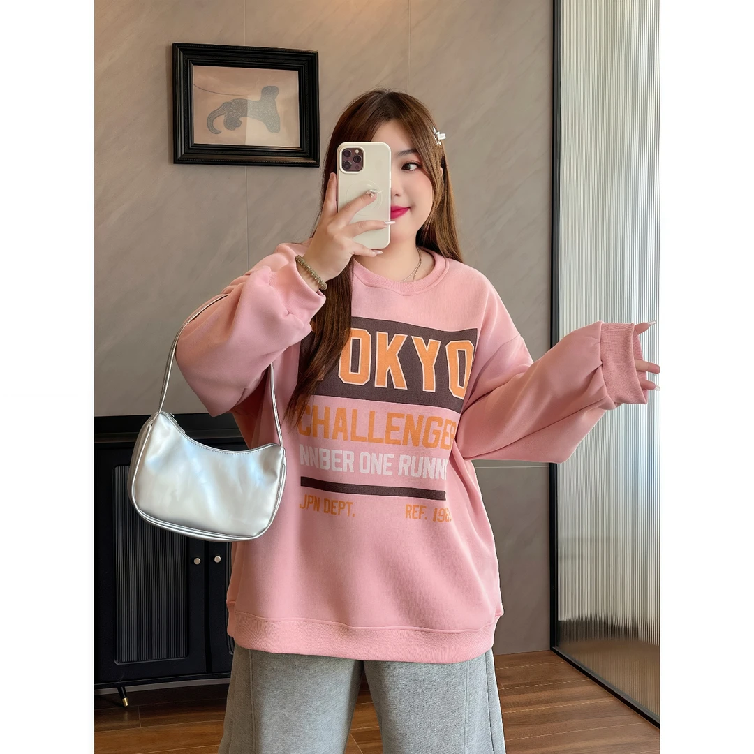 山系智感 / 加绒日系印花街头圆领卫衣5917花契200斤胖mm潮流遮肉