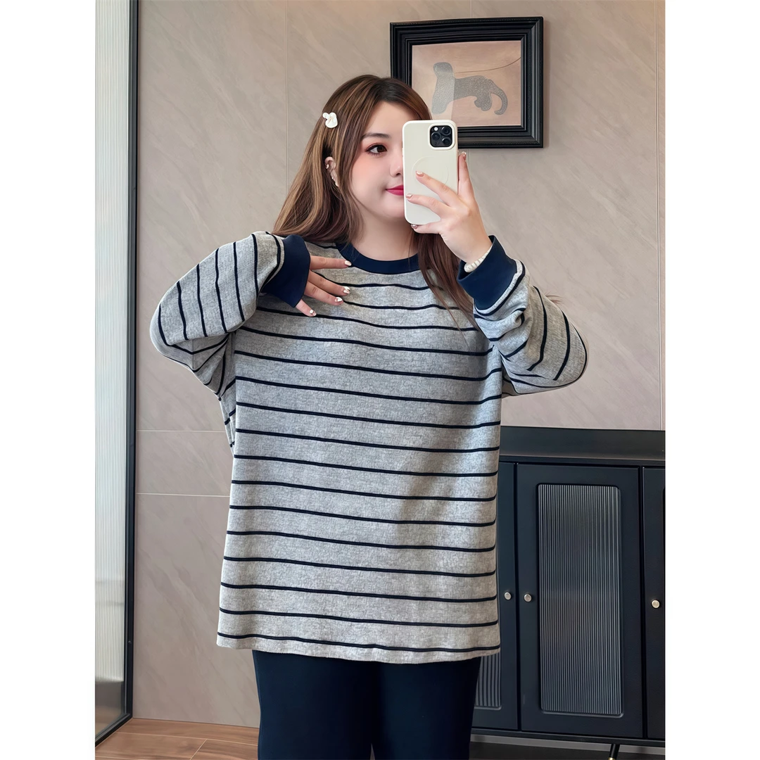 美女底牌 / 德绒条纹针织长袖上衣13192花契200斤胖mm潮流遮肉