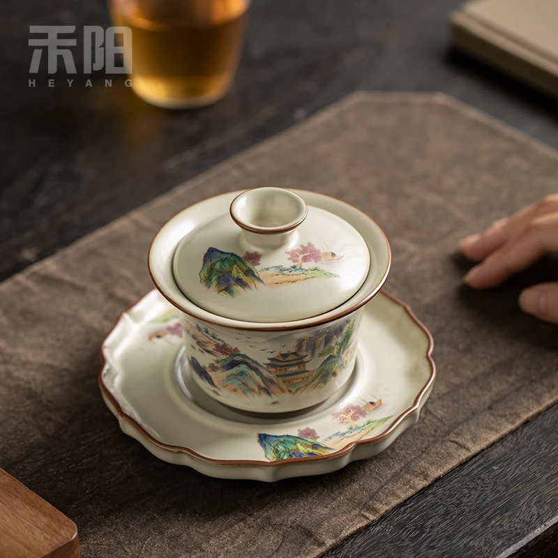 国宝窑周艺林手作铁胎汝窑三才盖碗  1775