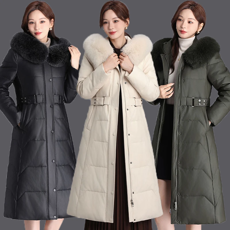真皮羽绒服女款爆款2024新款正品高档狐狸毛领长款鹅绒皮衣外套