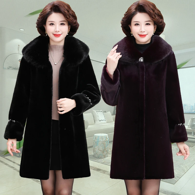 妈妈冬装仿皮草外套女中长款连帽仿貂皮大码加厚中老年水貂绒大衣