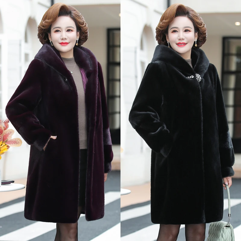 2024新款气质妈妈装水貂绒外套中长款加厚连帽中老年仿皮草大衣女