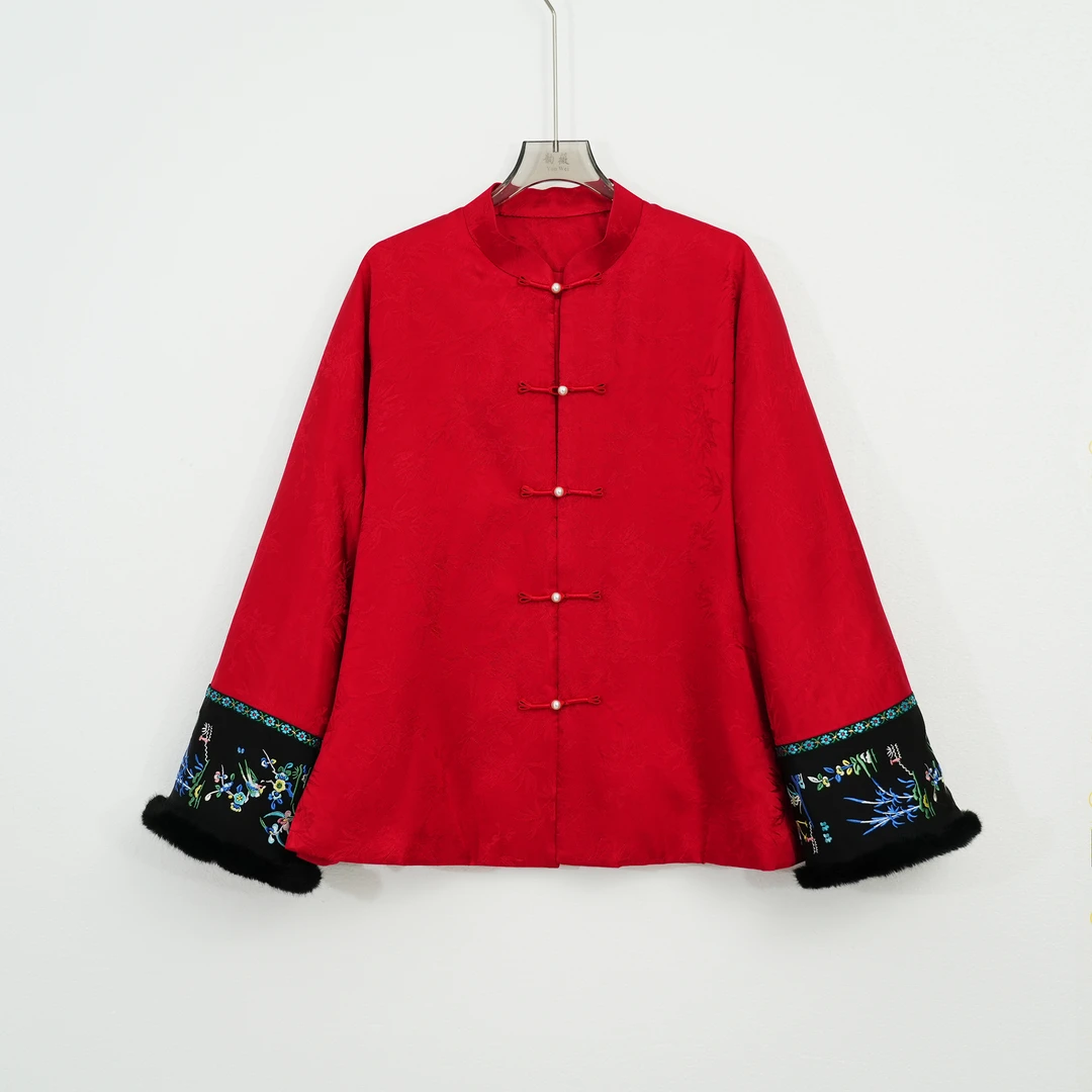 秋冬女士上衣中国风传统国风中式对襟红色百搭冬季棉衣