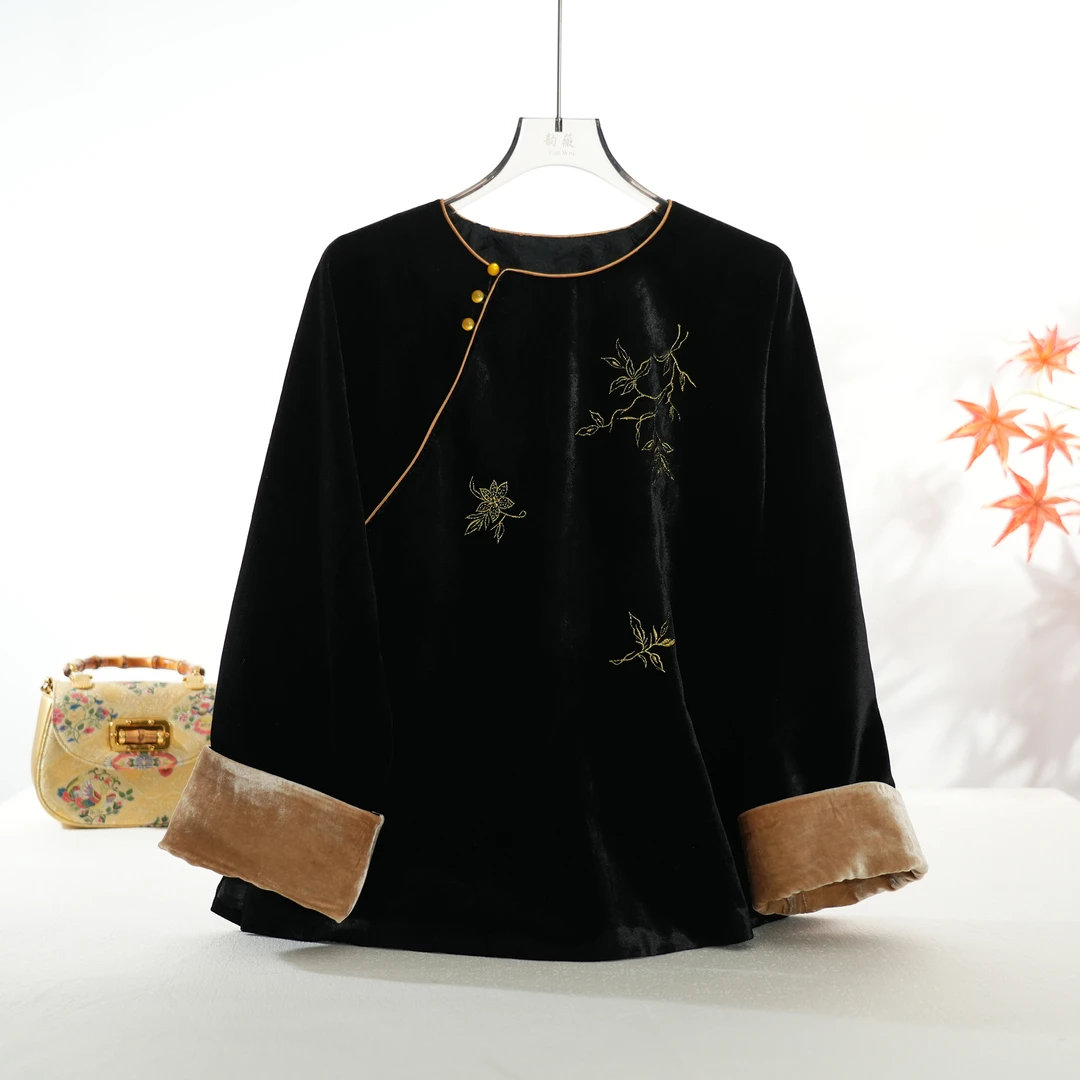 秋冬女士上衣桑蚕丝丝绒打底衫中国风传统国风百搭上衣