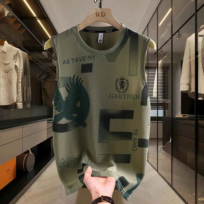 男士休闲背心薄款速干打底衫2024新款宽松印花透气坎肩无袖T恤