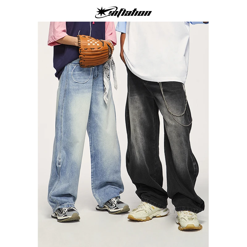 膨胀潮牌街头洗水波浪个性潮流阔腿牛仔裤做旧休闲长裤情侣设计款