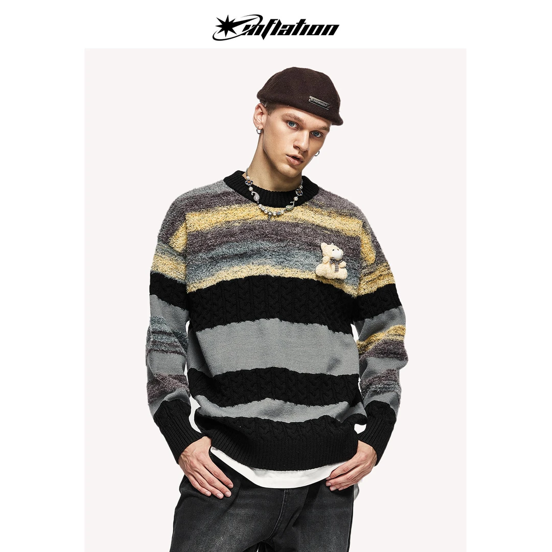 膨胀潮牌软糯拼接小熊针织衫秋冬新品垂坠感亲肤毛衣情侣同款sss