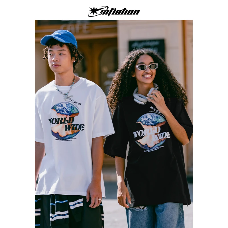 膨胀潮牌个性创意印花短袖T恤情侣重磅纯棉黑色上衣百搭宽松休闲