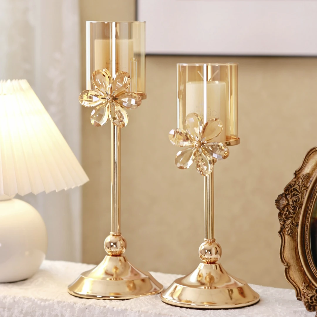 欧式轻奢金色水晶烛台浪漫精致烛光晚餐摆件花朵高档创意酒柜玄关