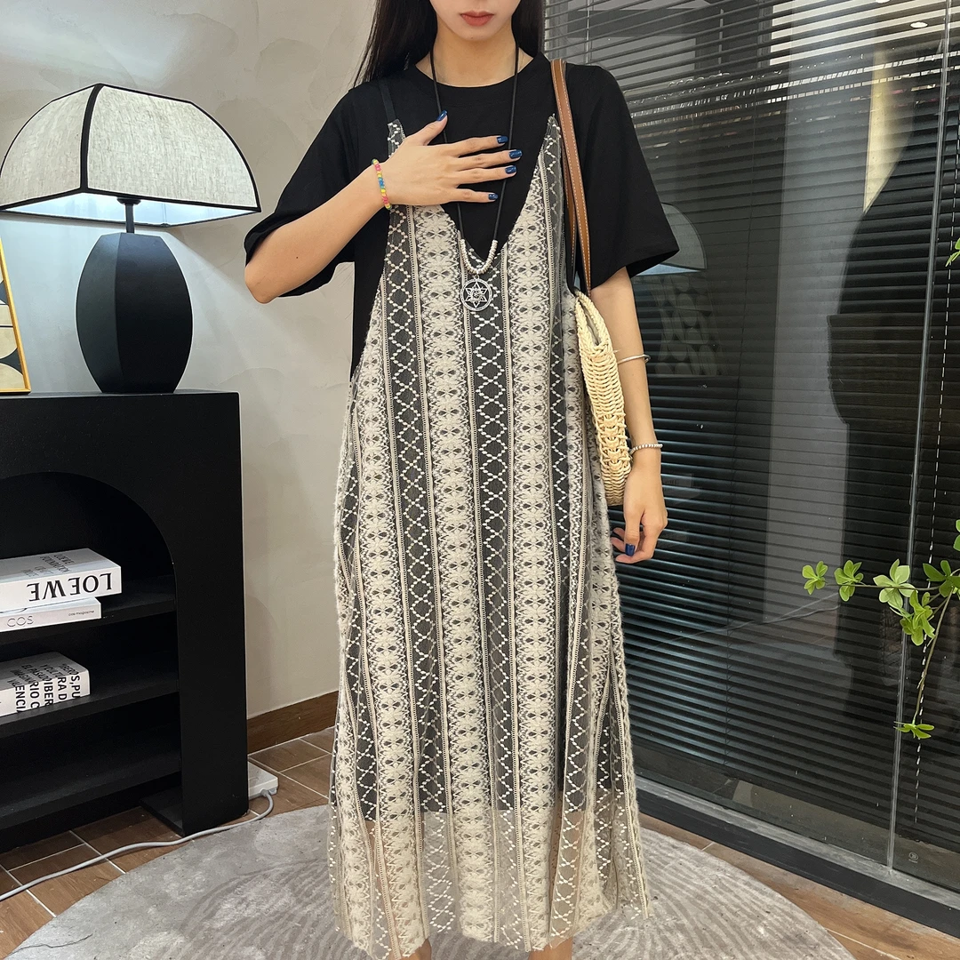 【现货】夏季设计感蕾丝拼接休闲百搭显瘦假两件宽松连衣裙24449