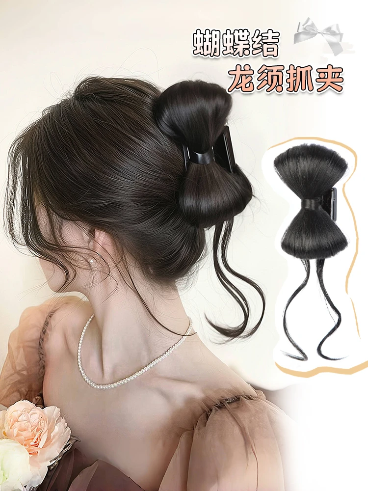 丸子头假发女仿真发蓬松花苞头盘发神器新中式龙须蝴蝶结抓夹发包