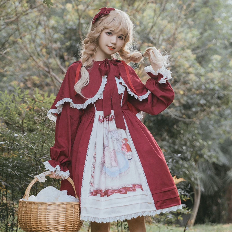 原创正版小红帽lolita洋装全套新年红可爱蝴蝶结jsk披肩甜美可爱