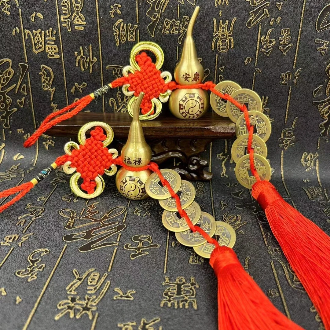 【阳台挂件】黄铜双面刻字大葫芦空心葫芦挂件中国结吉祥结挂件