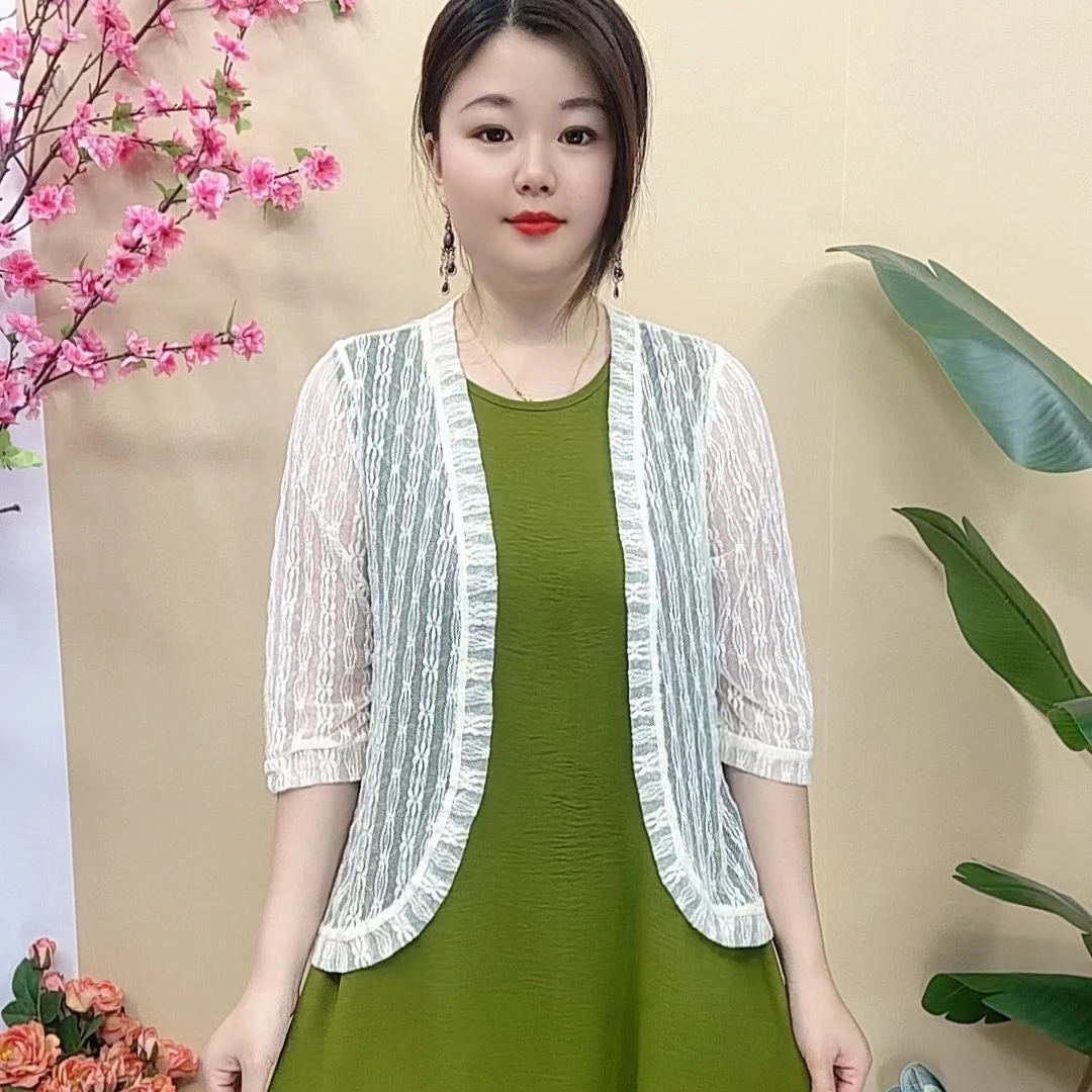 新款夏季薄外套短款外搭蕾丝开衫大码女配裙小披肩防晒衫衣空调衫