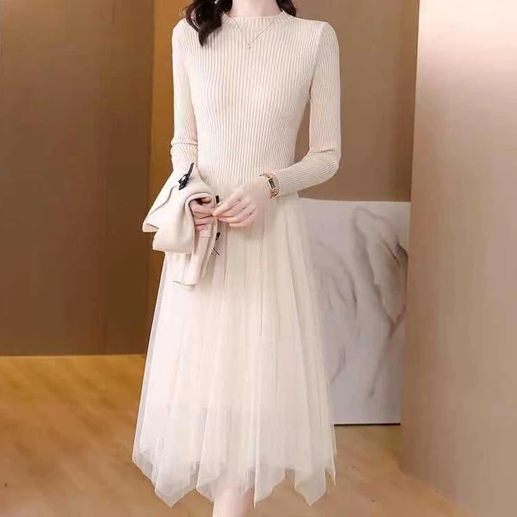 不规则网纱拼接半高领连衣裙女秋冬假两件加厚打底毛衣裙女半身裙