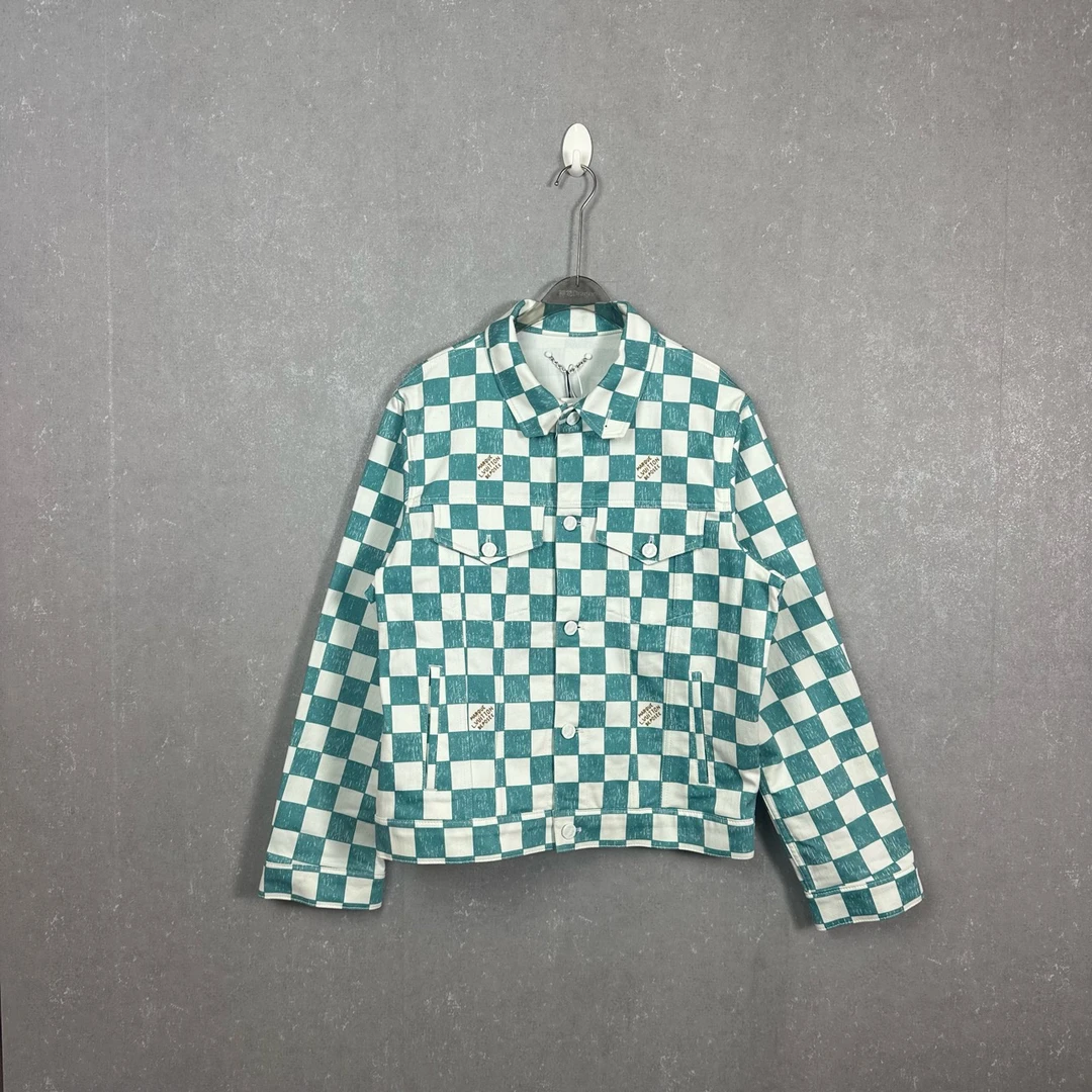 LOUIS VUITTON Lv翻领棋盘格单排扣绿色牛仔夹克48码/99新/002505