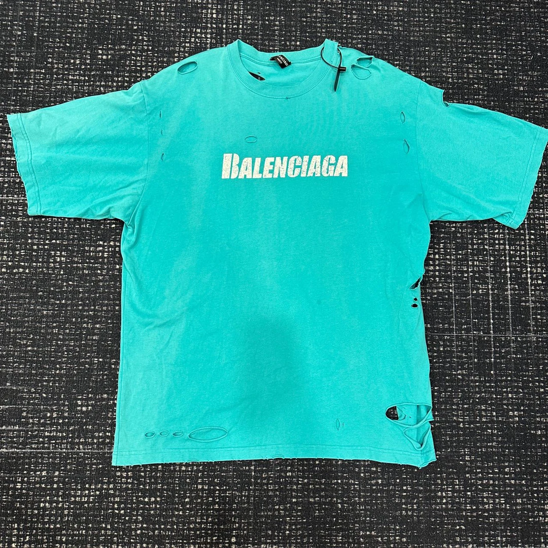 balenciaga 湖水绿破洞短袖T恤 99新 S码 001503 公价6700