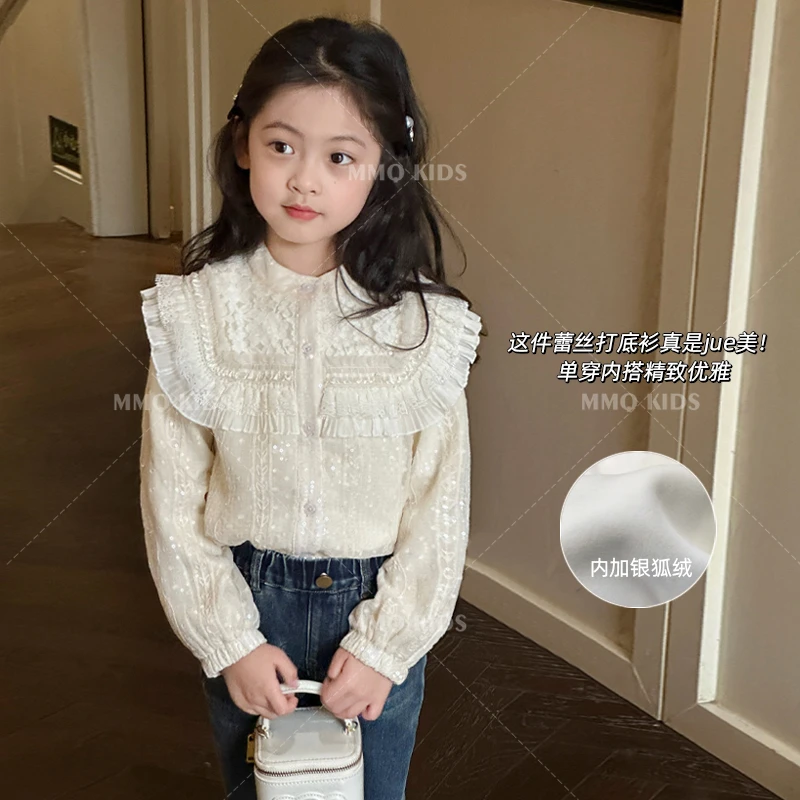 【现货】气质加绒秋冬季女童蕾丝花边衬衫韩版时髦童装上衣
