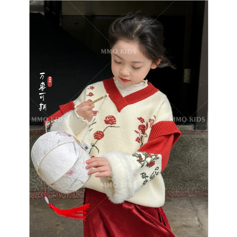 【万事可期】新中式女童毛衣秋冬季中大童国风针织童装