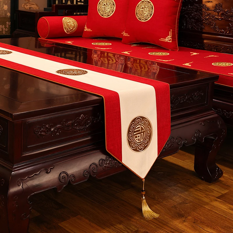 福然居海棠雀桌旗轻奢茶席红木茶几布防滑布艺桌旗高级感茶桌垫布
