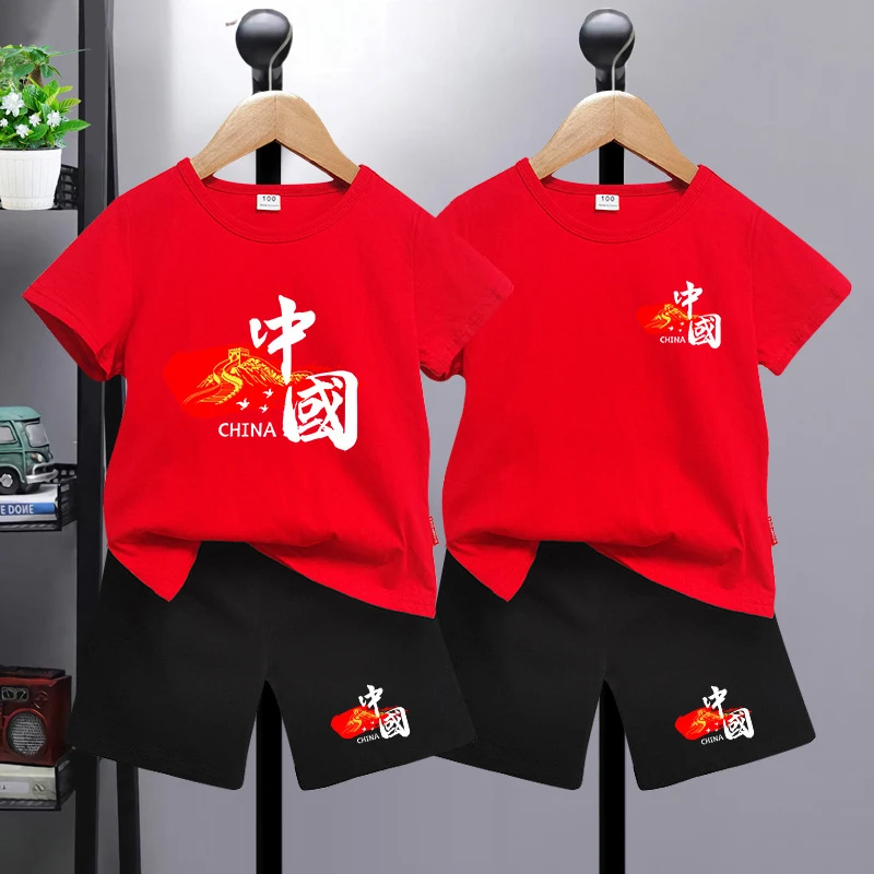 中国红儿童短袖运动套装夏 元旦小学生红色表演服幼儿园男童女童