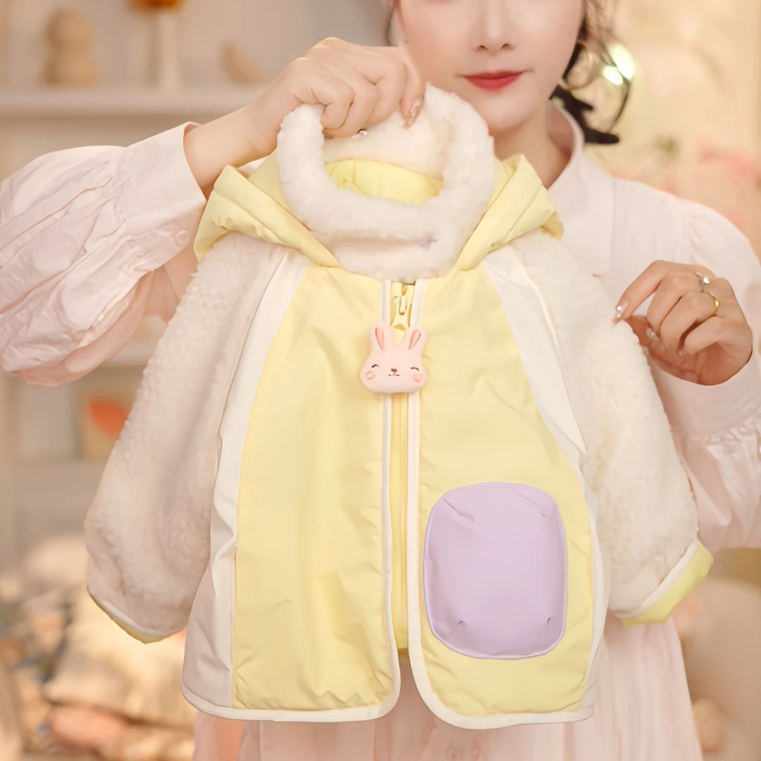 【090】2024年冬季新款韩版女童可爱加厚立体小兔子拼色毛毛棉服