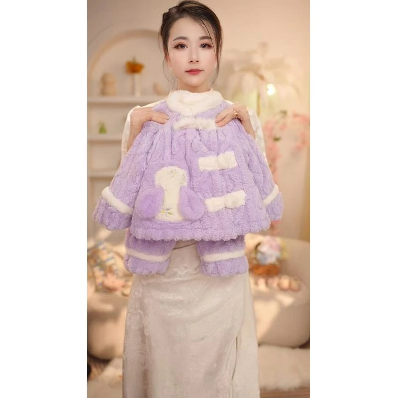 【现货2】2024年冬季女童贵妃紫三层夹棉加厚国风刺绣小兔子家居服