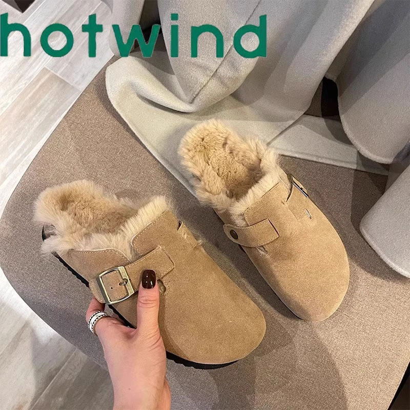 热风包头半拖鞋女外穿秋冬季加绒博肯厚底平底懒人勃肯鞋毛毛鞋