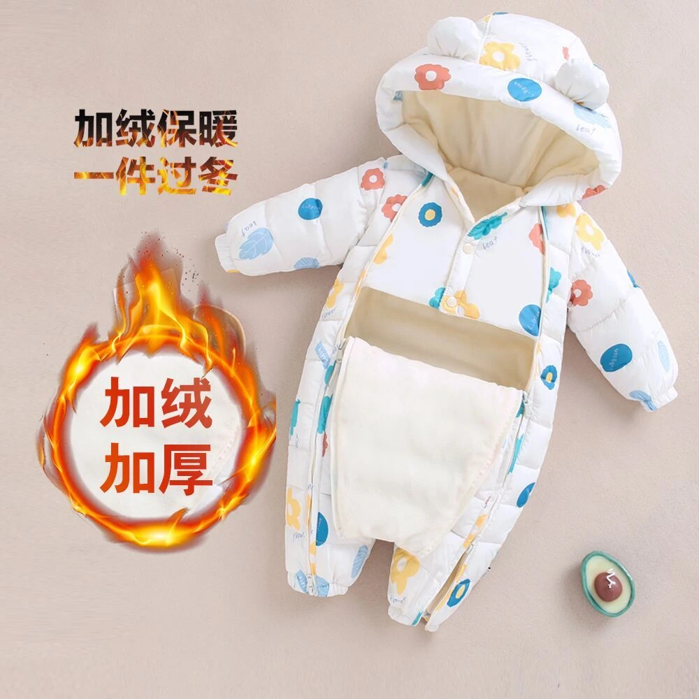 新生儿加绒加厚衣服婴儿连体衣秋冬季外出宝宝爬服冬装外穿抱衣