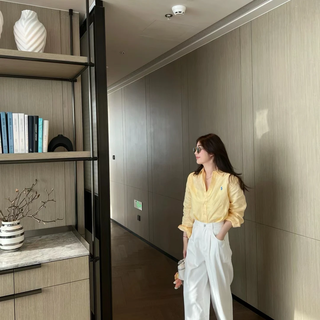 【Yellow】纯色24年春夏款刺绣衬衫女高级百搭上衣