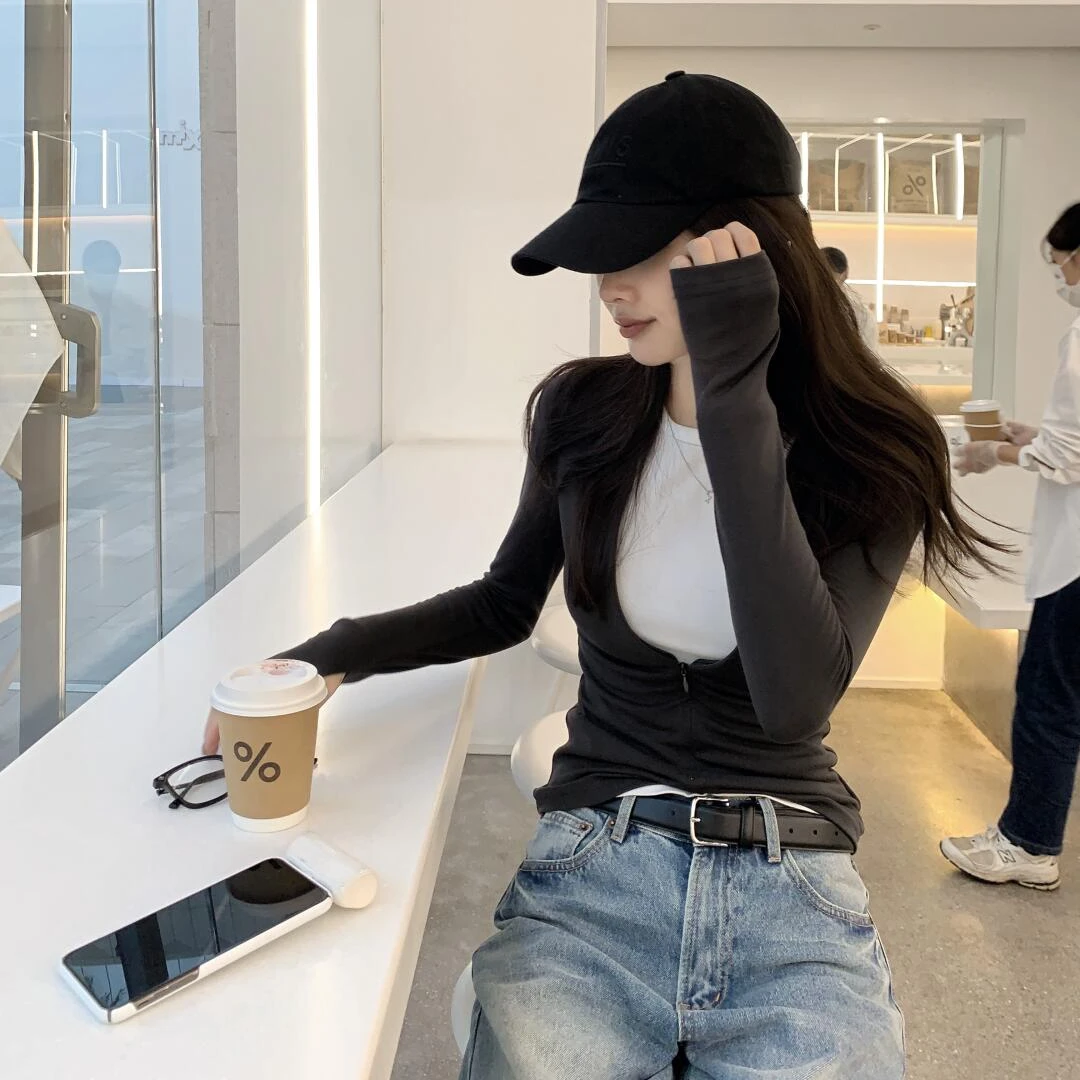 韩系秋季新款简约舒适修身气质假两件长袖上衣高腰裤子显瘦套装