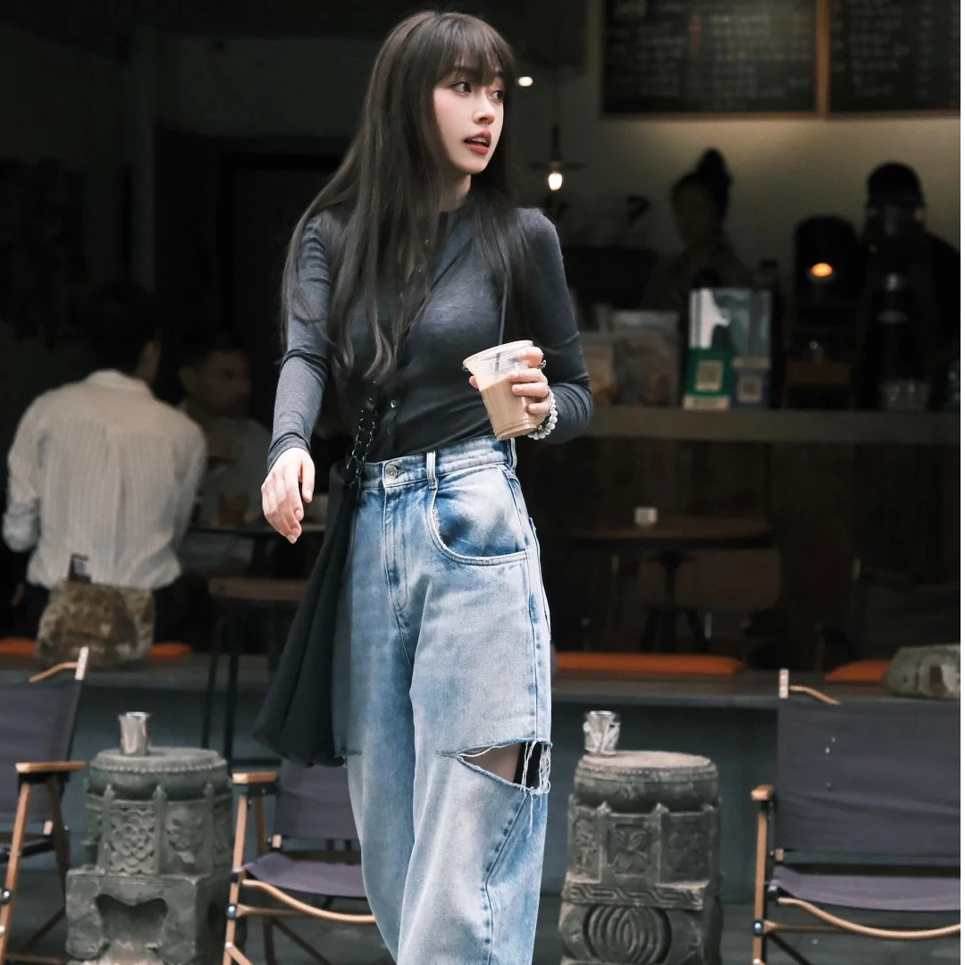 韩系网红洋气炸街女装气质简约时尚上衣休闲百搭直筒裤子洋气衣服