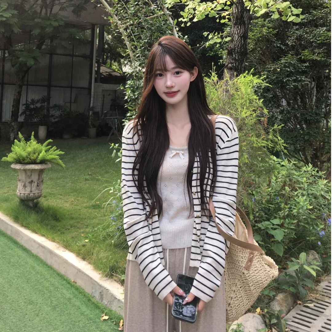 【温禾柔情】秋冬新品套装韩版内搭宽松条纹通勤开衫百搭舒适休闲裤