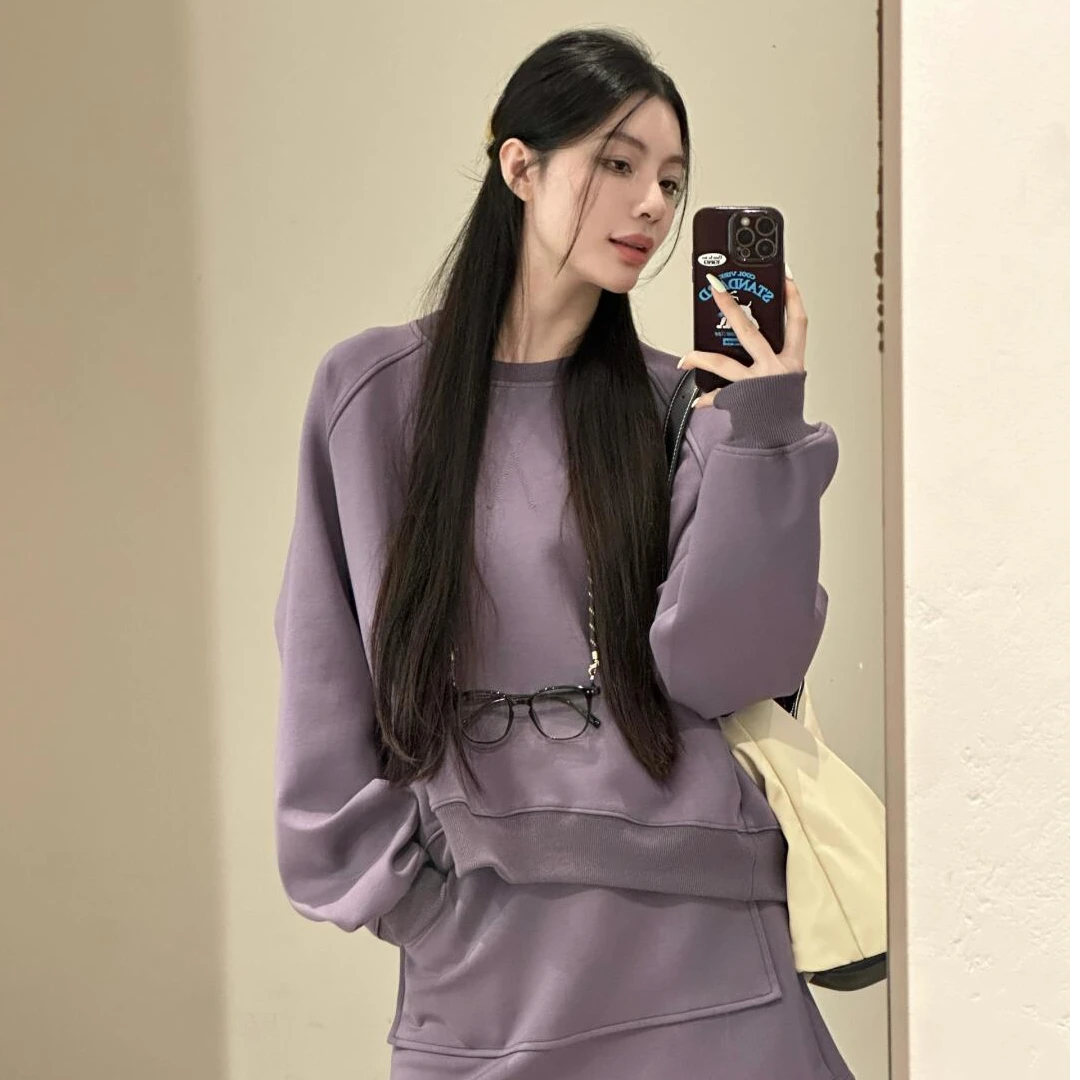 【紫色韵味】新款秋冬时尚气质潮流辣妹紫色上衣小个子设计感女短裙