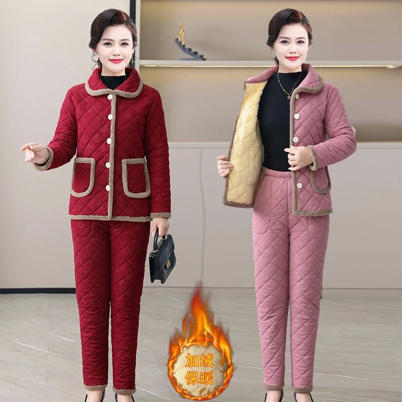 冬季新款妈妈装家居服套装洋气加绒保暖棉衣棉裤中老年妈妈装套装